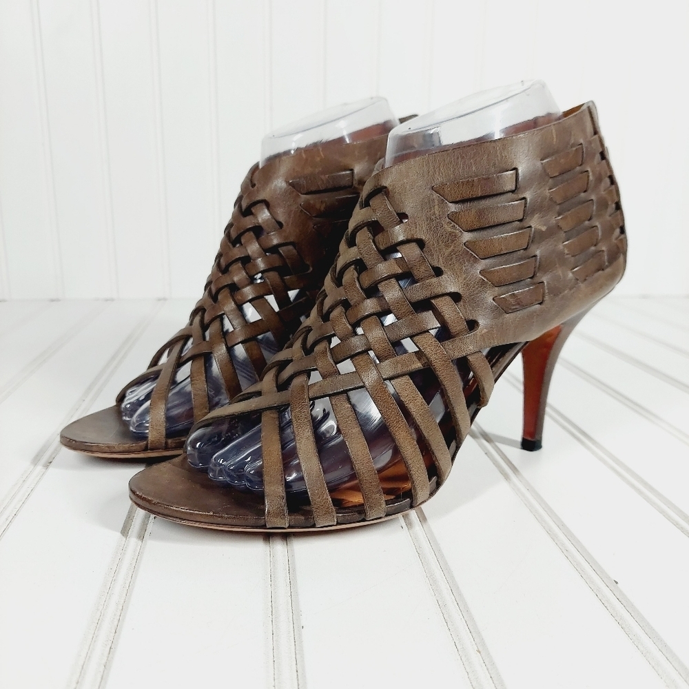 Givenchy, Woven Lattice Leather Braided Cage Ankle Bootie Sandal C803